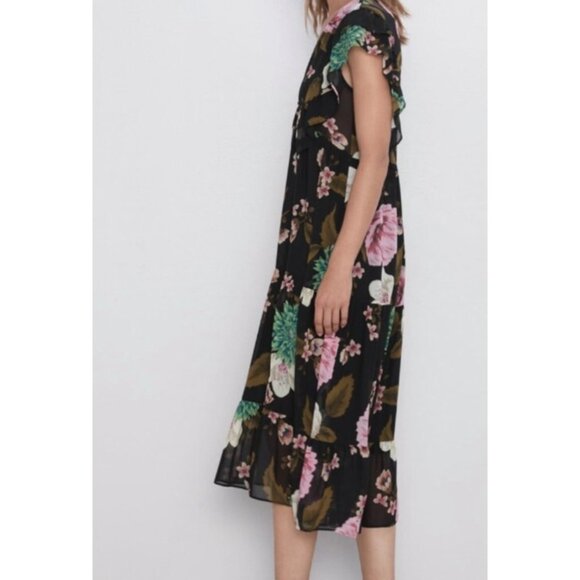 ZARA LOOSE-FITTING V-NECK RUFFLED FLORAL PRINT DRESS Size XS-S - Picture 6 of 10